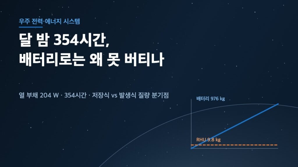 달 밤 전력 설계: 354시간 야간에서 배터리 976 kg과 RHU 9.8 kg의 질량 분기점을 나타낸 대표이미지