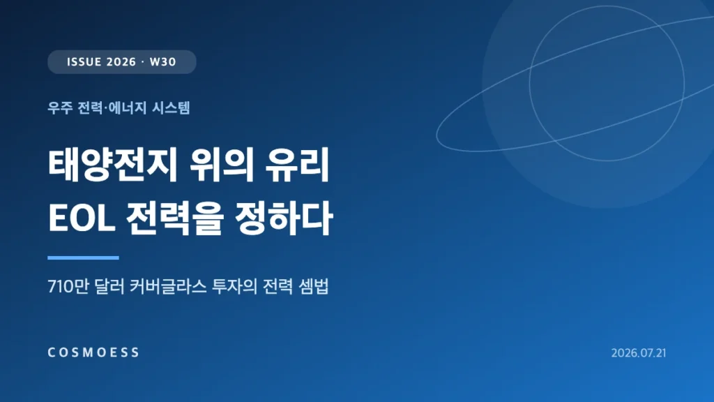 위성 태양전지 위에 얹힌 세리아 도핑 커버글라스가 양성자·전자·자외선을 막아 수명 말기(EOL) 전력을 지키는 구조를 표현한 커버 이미지