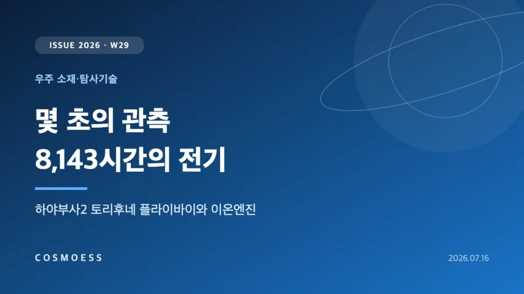 JAXA 하야부사2가 이온엔진 한 기로 소행성 토리후네 곁을 초속 5 km로 스쳐 지나가는 플라이바이 장면을 표현한 커버 이미지