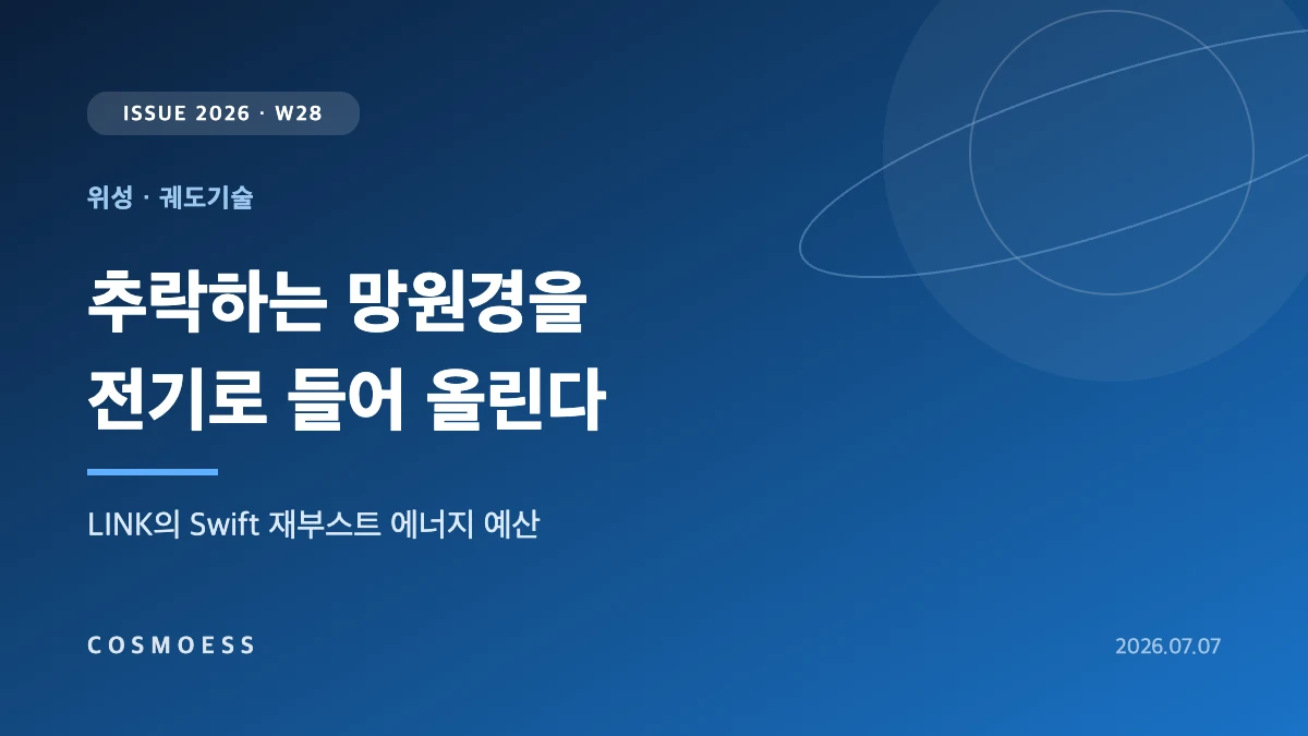 Katalyst LINK 우주선이 NASA Swift 관측위성을 포획해 전기추진으로 약 595 km까지 재부스트하는 데 필요한 에너지 예산을 도식화한 커버 이미지