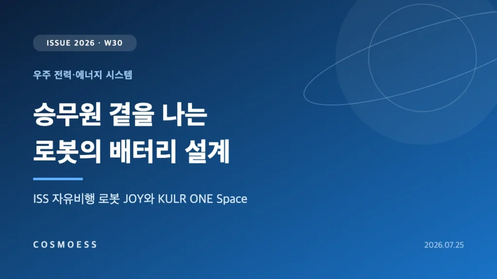 국제우주정거장 가압 모듈 안을 떠다니는 자율 자유비행 로봇 JOY와 KULR ONE Space 배터리 팩의 안전 경계를 표현한 커버 이미지