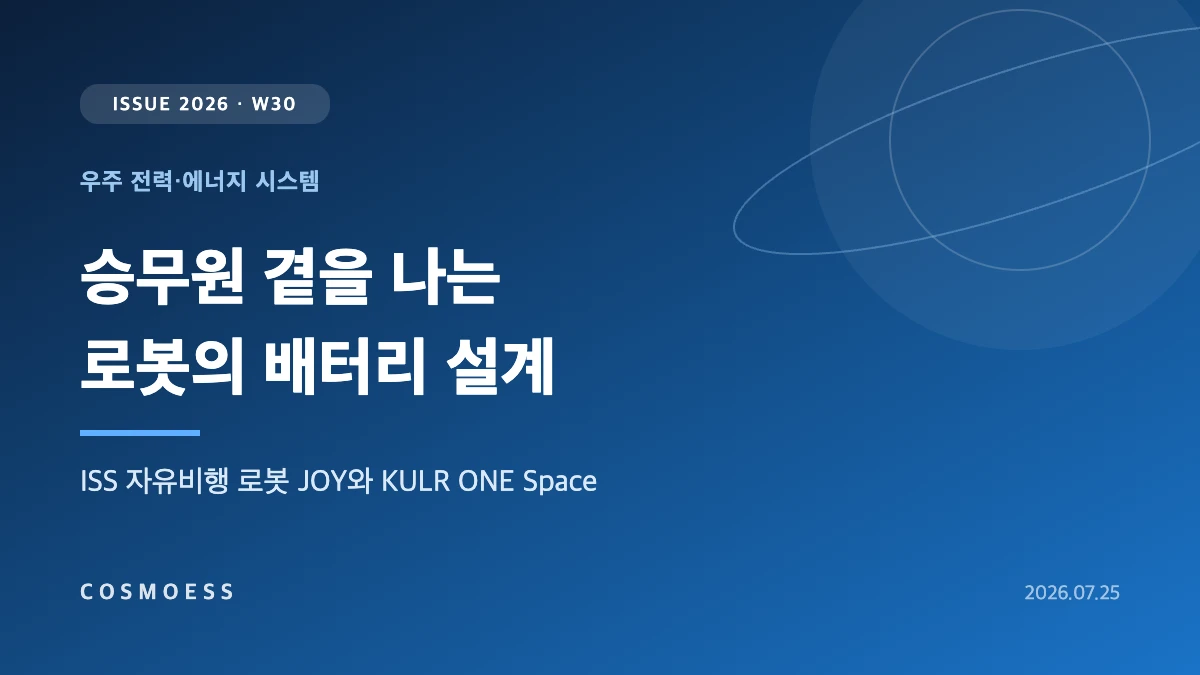 국제우주정거장 가압 모듈 안을 떠다니는 자율 자유비행 로봇 JOY와 KULR ONE Space 배터리 팩의 안전 경계를 표현한 커버 이미지