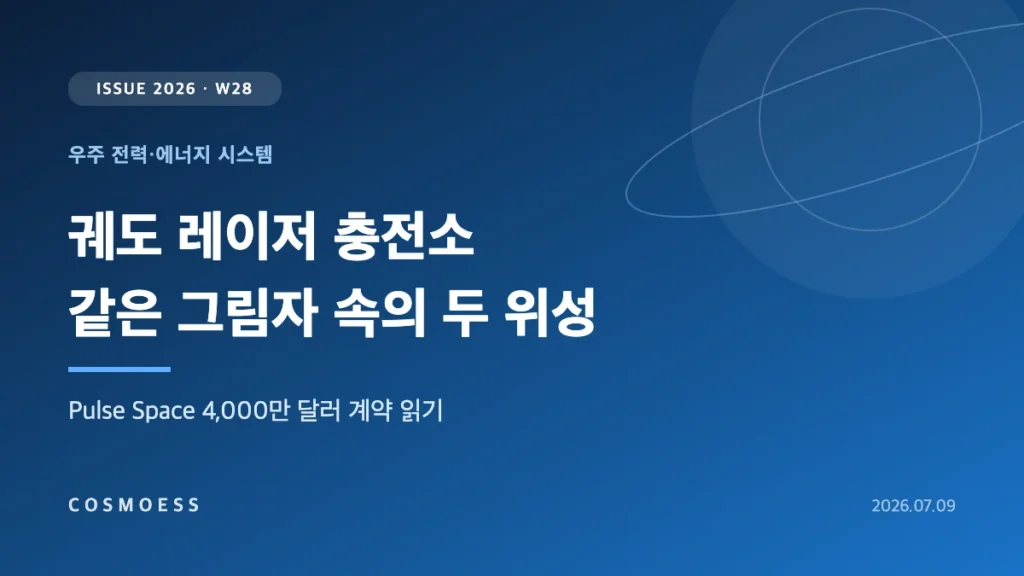 지구 그림자 경계에서 공급 위성이 수요 위성에 레이저 전력빔을 보내는 Pulse Space 궤도 충전 개념 커버 이미지