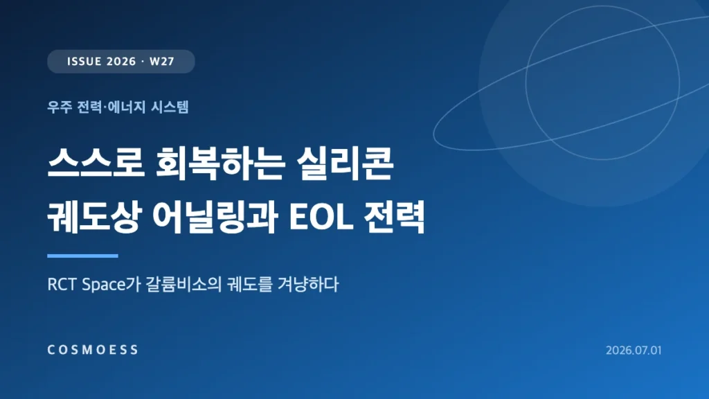 우주용 결정질 실리콘 태양전지가 궤도상 방사선 어닐링으로 수명 말기 출력을 회복하는 개념을 표현한 RCT Space 커버 이미지