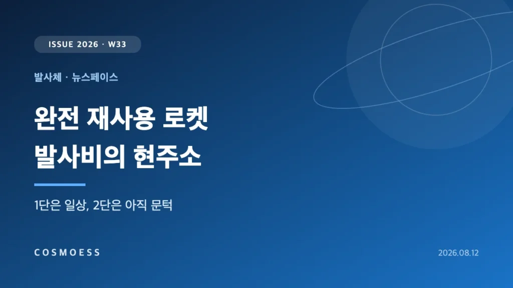 착륙 중인 재사용 로켓 1단과 kg당 발사비 하락이 위성 전력 마진으로 이어지는 구조를 표현한 커버