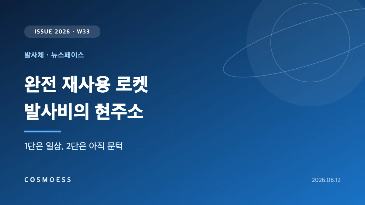 착륙 중인 재사용 로켓 1단과 kg당 발사비 하락이 위성 전력 마진으로 이어지는 구조를 표현한 커버