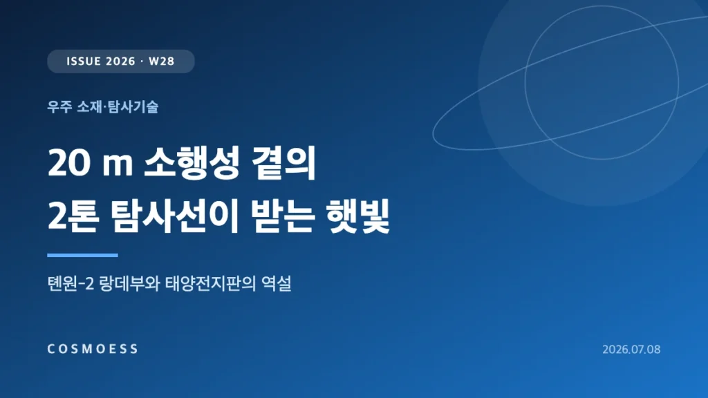 중국 톈원-2 탐사선이 카모오알레와 소행성 20 km 거리에서 대형 원형 태양전지판으로 햇빛을 받는 장면을 표현한 커버 이미지