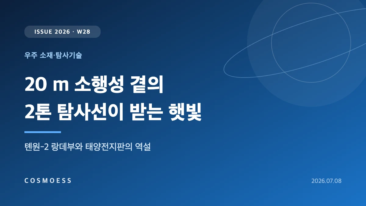 중국 톈원-2 탐사선이 카모오알레와 소행성 20 km 거리에서 대형 원형 태양전지판으로 햇빛을 받는 장면을 표현한 커버 이미지